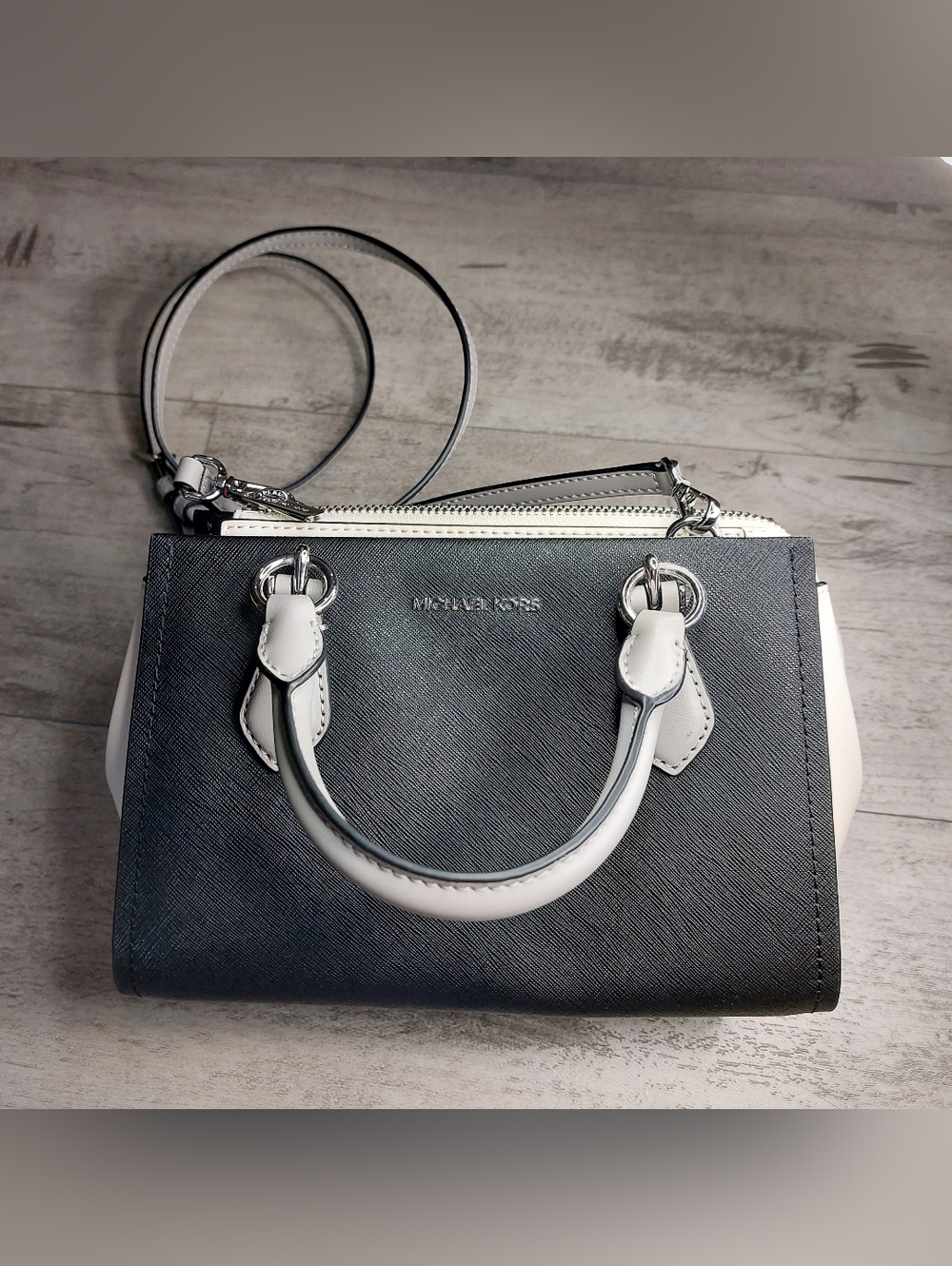 Michael Kors Marilyn Color Block Saffiano Black and White Mini Crossbody Satchel